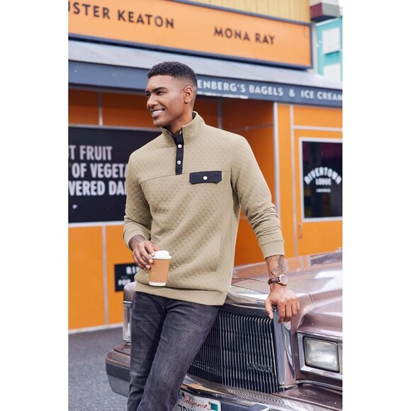 Men's Sweatshirt Quarter Button Pullover Sweatshirt Stand Collar Polo Khaki - Picture 2 of 5